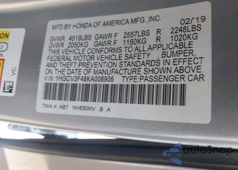 2019 Honda Accord Hybrid Ex from USA, damaged, VIN 1HGCV3F48KA008906